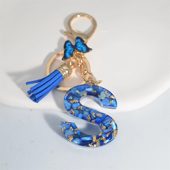 Butterfly Exquisite Blue Glazed Stone A to Z Resin Keychain 26 Initials