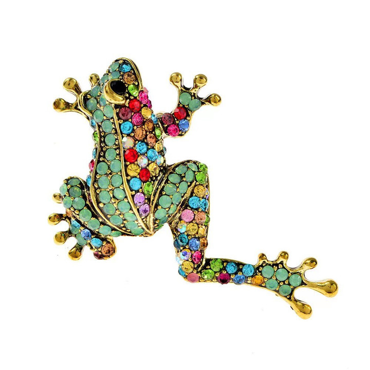 Water Diamond Frog Breast Needle Living Animal Design Alloy Material Green Jewelry for Men and Women
