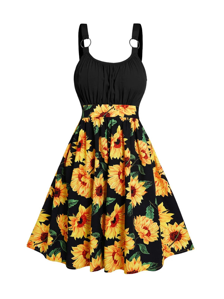 Sunflower Print Colorblock Sundress Ruched O Ring High Waist Vacation Dress For Female Summer Beach Robe