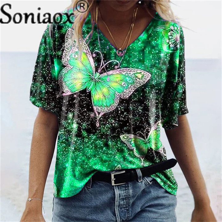 Summer Women's Short Sleeve V Neck Shirt Butterfly 3D Print Cotton T Shirt Top Plus Size Casual Loose Streetwear
