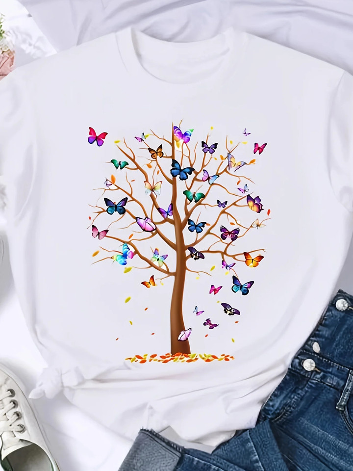 Butterfly Tree Print Short Sleeve T-Shirt