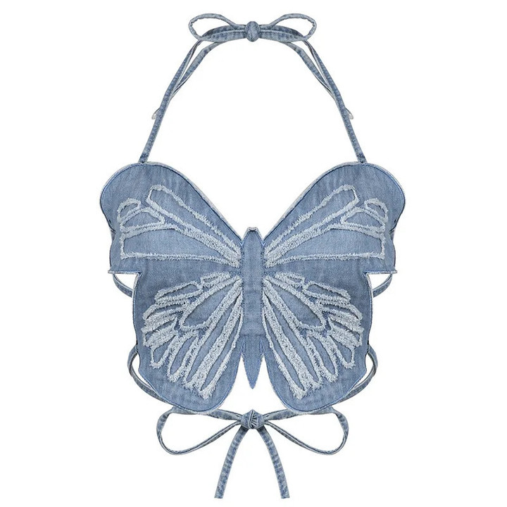 Butterfly Jeans Crop Top Backless Strap Blue for Women
