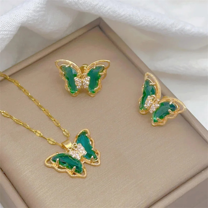 Fashion European and American Cute Micro-inlaid Butterfly Necklace Earrings Set