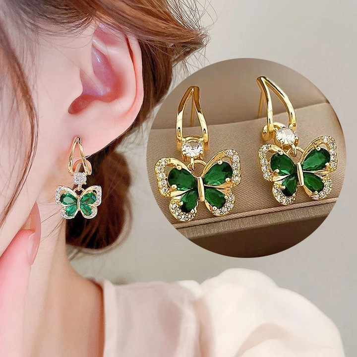 Vintage Green Crystal Butterfly Drop Earrings For Women