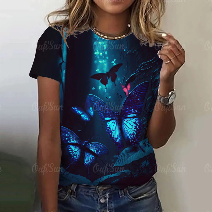 2023 Fashion Woman T Shirt 3D Butterfly Print Crew Neck Short Sleeve Tee Luxury Female T-shirts Oversized Y2k Clothing For Girls