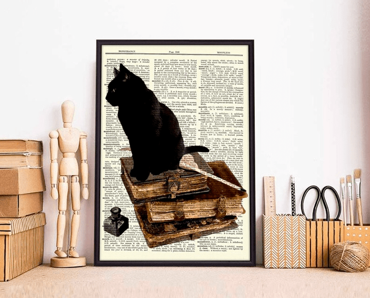 Black Cat in Vintage Dictionary Page Wall Art Print Poster