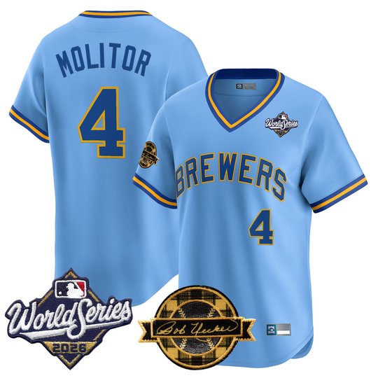 Men's Milwaukee Brewers Throwback Vapor Premier Limited Jersey - 2026 World Series & Bob Uecker Patch - All Stitched