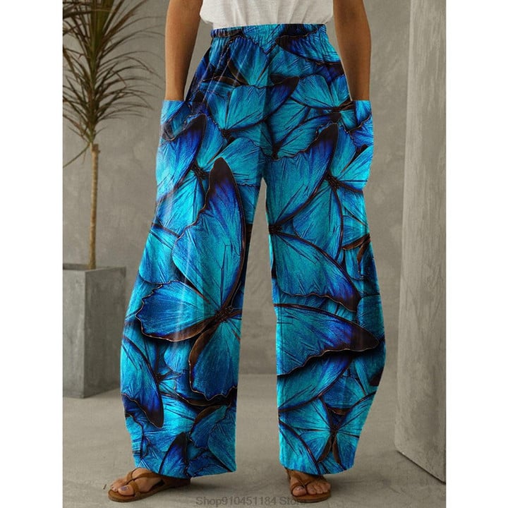 2023 Spring Butterfly Print Long Pants Casual Loose Trousers Bohemian Vintage Beach Wear Women Pretty Wide Leg Trousers