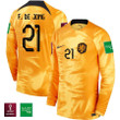Netherlands National Team FIFA World Cup Qatar 2022 Patch Frenkie De Jong #21 - Men Home Long Sleeve Jersey