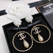 Chanel Pearl Strass Chain Round Earrings With Leather Bow