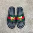 Gucci Bee Print On Signature Stripes Black And Green Sandals