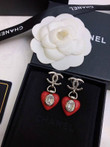 Chanel Red Heart Crystal CC Iconic Logo Dangle Earrings