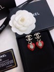 Chanel Red Heart Crystal CC Iconic Logo Dangle Earrings