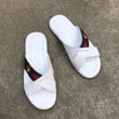 Gucci Bee Print Signature Stripes Cross Strap Slide Sandals In White