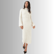 White Bouclé Knit Dress With Turtleneck And Lantern Sleeve