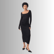 Black Long-Sleeved Dress with Ruching and Deep Neckline