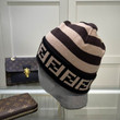 Fendi FF Horizontal Striped Knit Beanie Hat In Brown/Black
