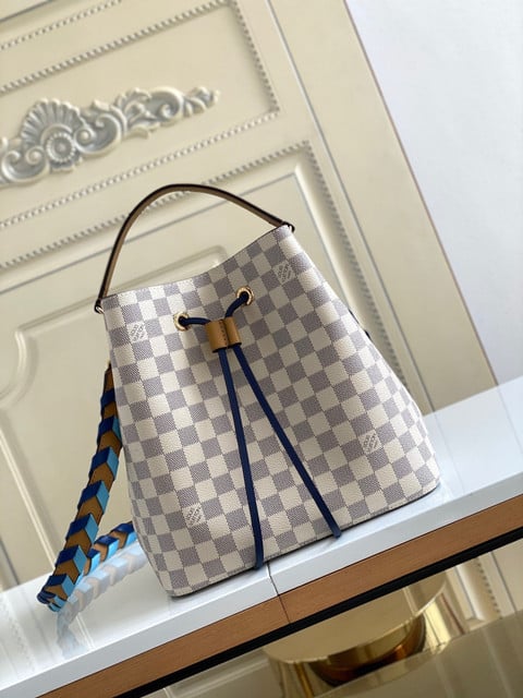 Louis Vuitton NeoNoe MM Bucket Bag Damier Canvas With Blue Braided