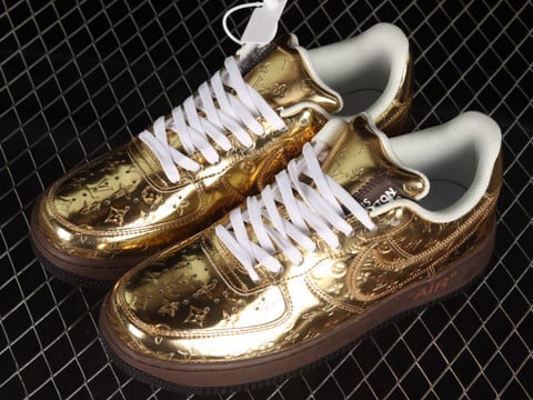 Louis Vuitton x Nike Air Force 1 07 Low Black Metallic Gold Brown Shoe -  Praise To Heaven