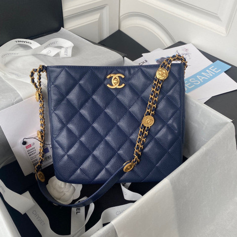 Chanel Gold Coin Badge On Chain Tote Bag Lychee Leather In Navy - Praise To  Heaven