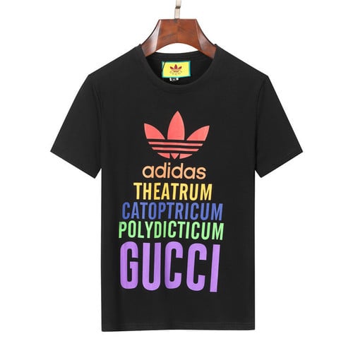 Adidas x Gucci Colorful Letters Print Basic Cotton T-Shirt - Black