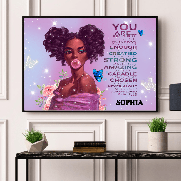 Wall Art Canvas Prints Poster Black Girl Pink Galaxy Bubble Gum PT0035