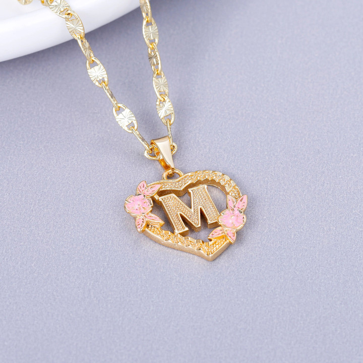 Gold Plated Customized Heart Flower Initial Letter Pendant With Figaro Chain JR004