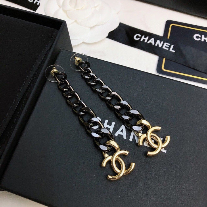 Chanel Black Chain With Gold CC Logo Earrings