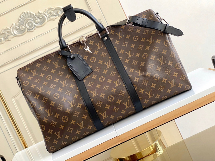 Louis Vuitton Keepall Bandoulière 50 Bag In Brown Monogram Canvas Black Leather