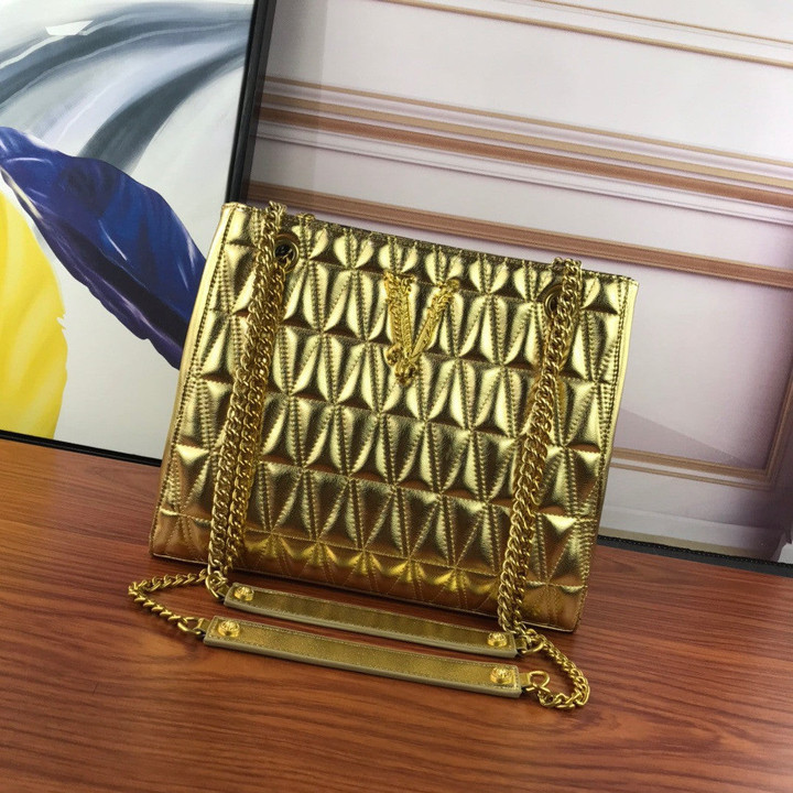 Versace Virtus Medium Chain Tote Bag Sheepskin In Gold