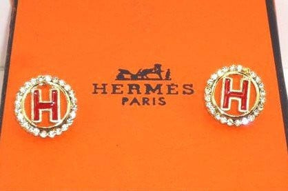 Hermes Crystal H Letter Circle Earrings In Brown/ Red/ Pale Pink/ Black