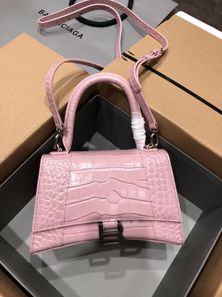 Balenciaga Hourglass Small Top Handle Bag Crocodile Leather In Light Pink