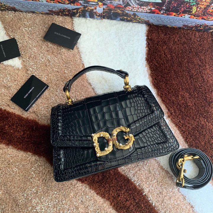 Dolce & Gabbana DG Amore Top Handle Bag Crocodile Leather In Black