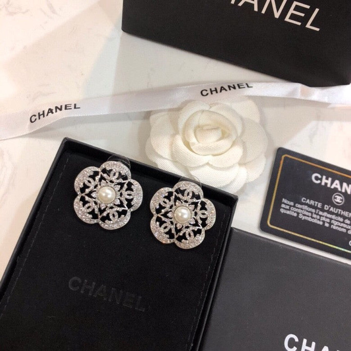 Chanel Crystal Pearl Flower Metal Earrings