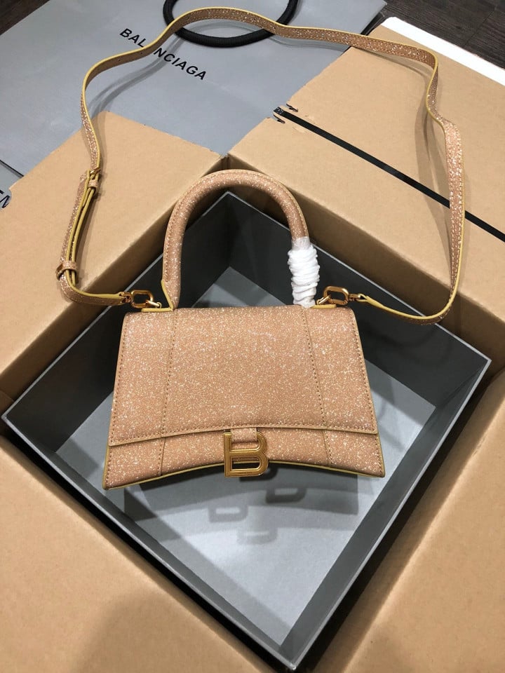 Balenciaga Hourglass Small Top Handle Bag Glittered Leather In Gold