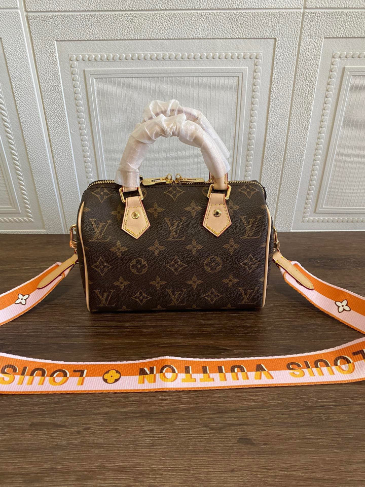 Louis Vuitton Speedy Bandoulière 20 Bag Monogram Brown Leather With Orange Strap