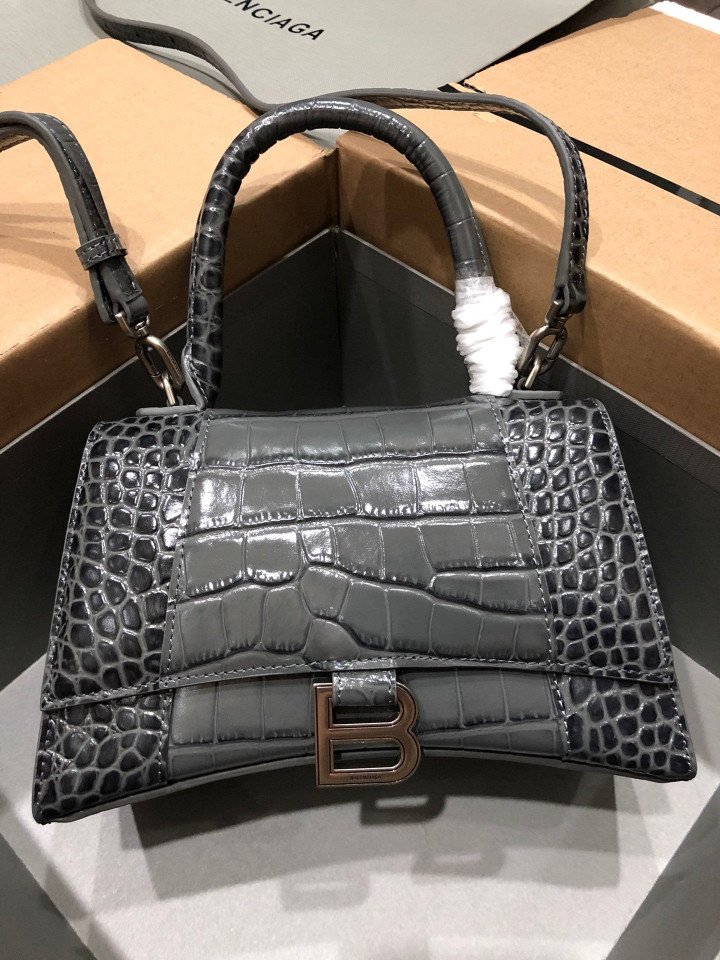 Balenciaga Hourglass Small Top Handle Bag Crocodile Leather In Dark Gray