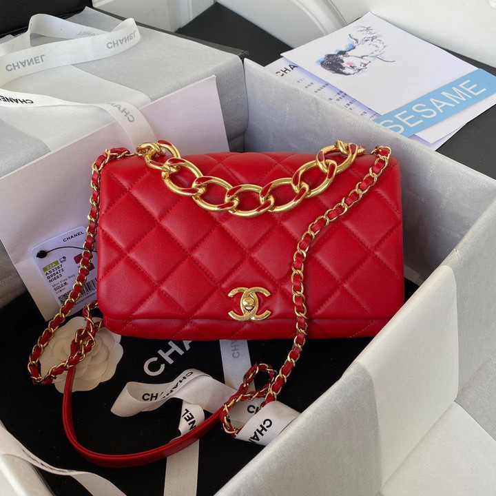 Chanel Classic Rhombus Medium Flap Bag Elegant Chain Leather In Red