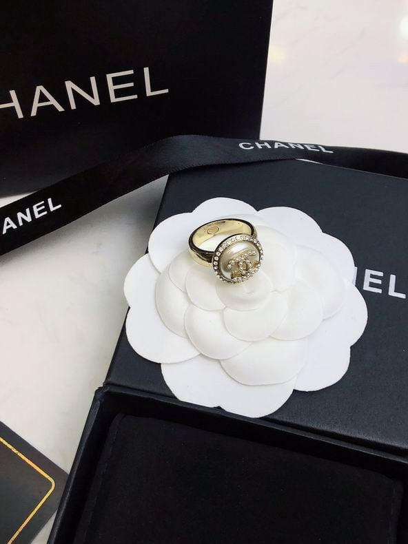 Chanel Ring Gold Plated Pearl CC Logo With Strassed Edge