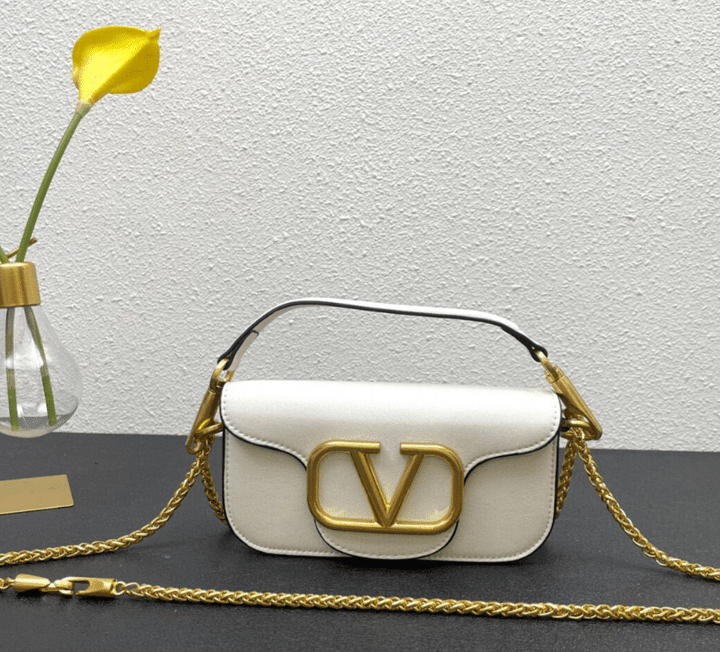 Valentino Garavani Locò Small Shoulder Bag VLogo Signature Calfskin In White
