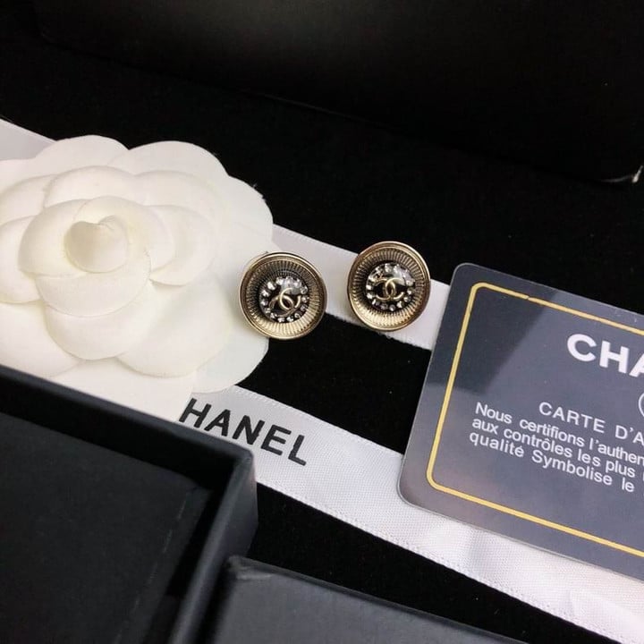 Chanel Black And Gold Button Earrings With CC Logo