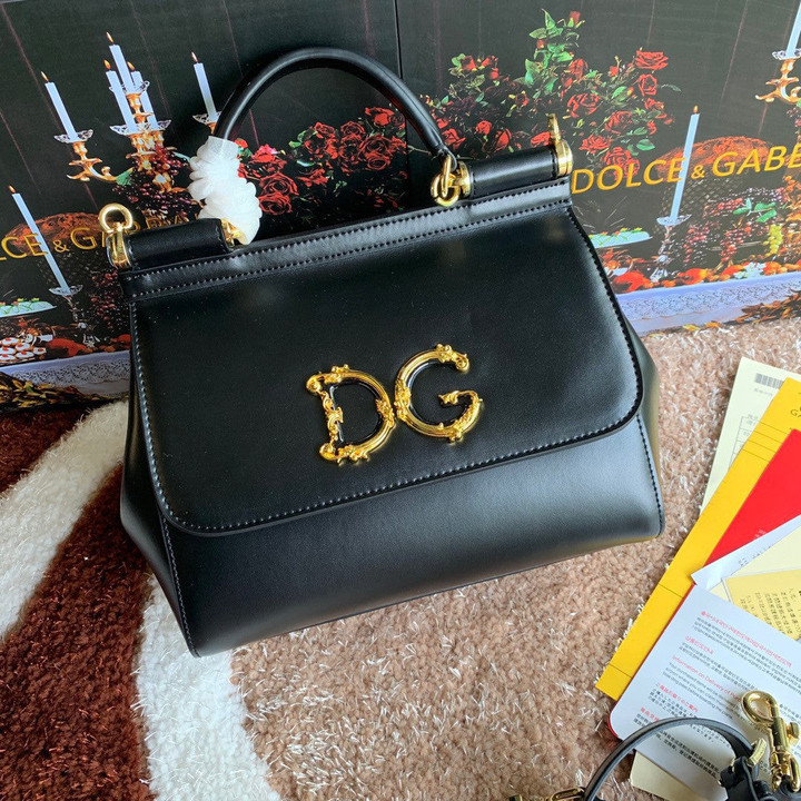 Dolce & Gabbana Small Sicily Gold Logo Handbag Cowhide In Black