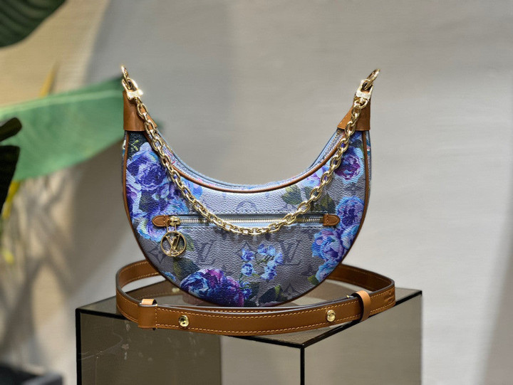Louis Vuitton Loop Baguette Handbag Floral Pattern In Metallic Blue Canvas