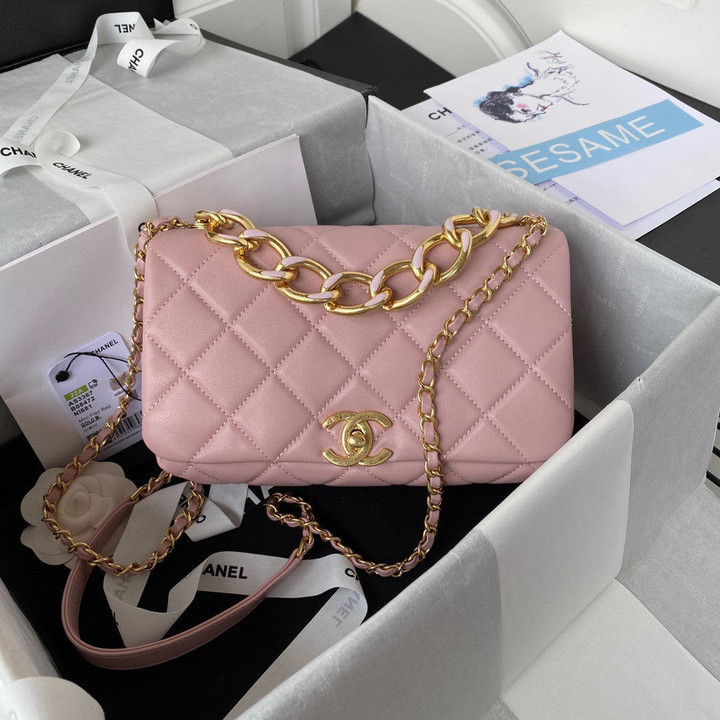 Chanel Classic Rhombus Medium Flap Bag Elegant Chain Leather In Pink