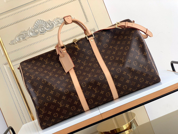 Louis Vuitton Keepall Bandoulière 55 Bag In Brown Monogram Canvas Beige Leather