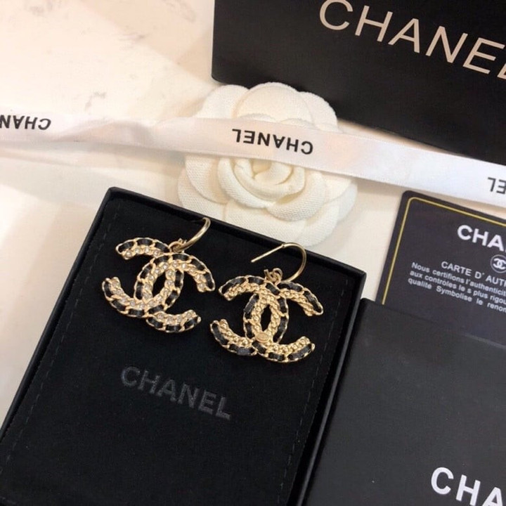 Chanel CC Chain And Leather Drop Earrings