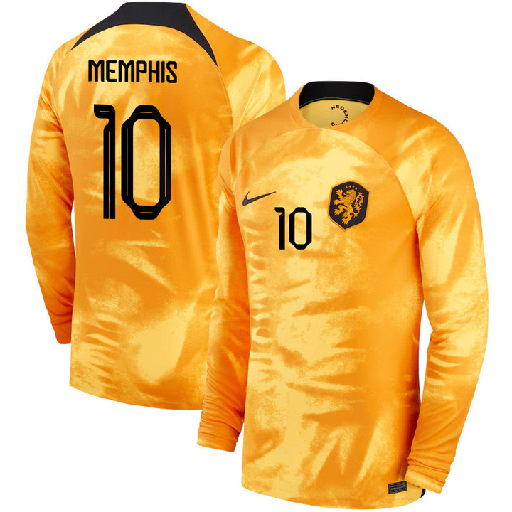 Netherlands National Team 2022-23 Qatar World Cup Memphis Depay #10 Home Long Sleeve Jersey, Men