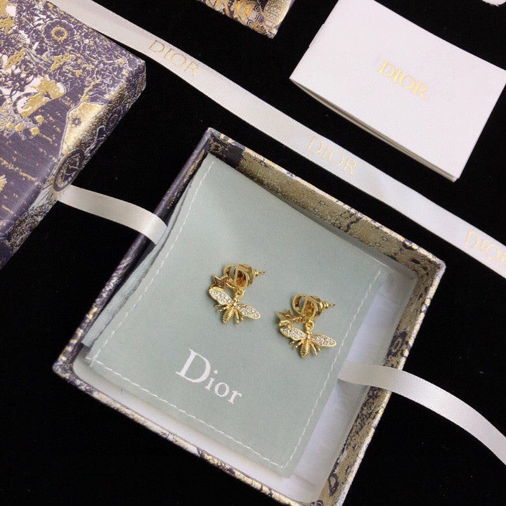 Dior Petit CD Earrings Gold-Finish Metal White Crystals With Bee And Star Pattern