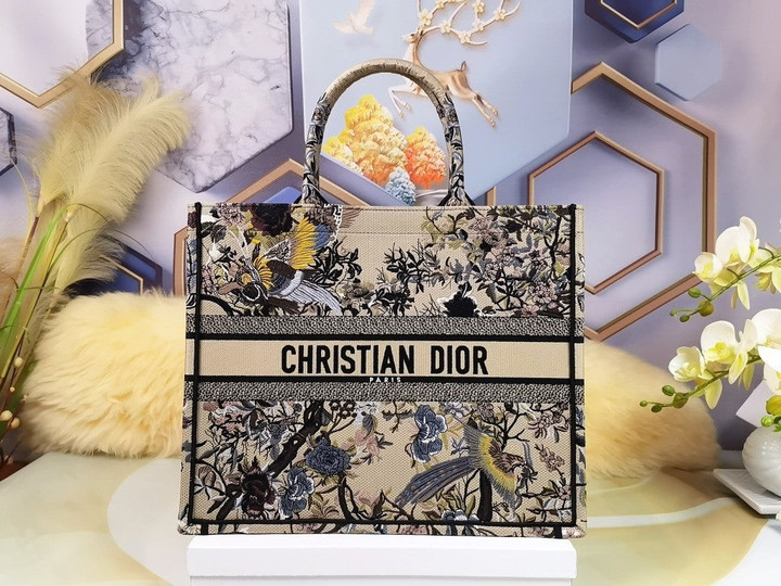 Large Dior Book Tote Bag In Beige Multicolor Dior Jardin d'Hiver Embroidery