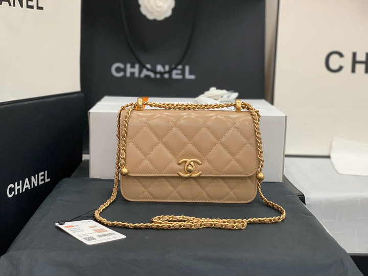 Chanel Shoulder Bag Double Gold Ball Chain In Beige